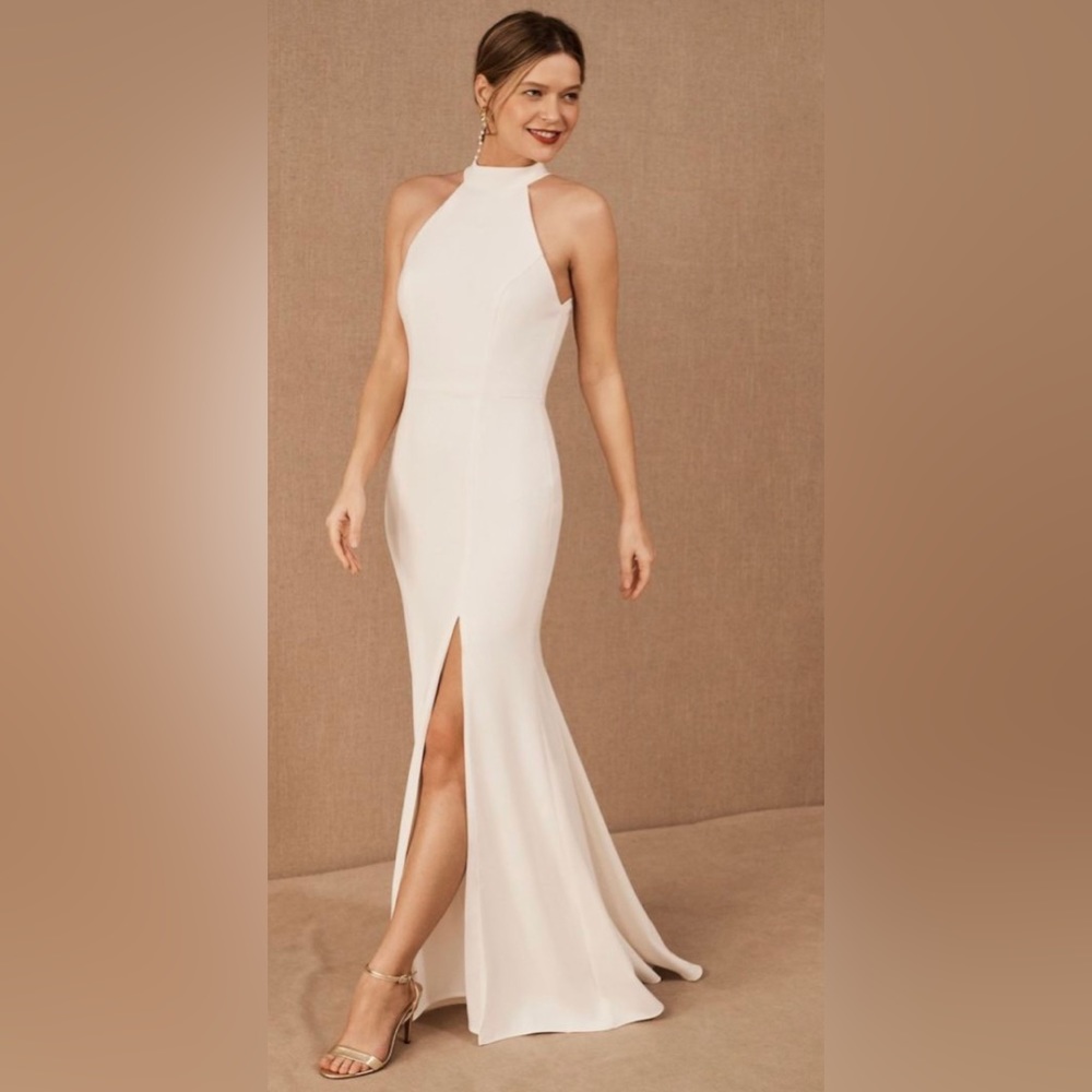 BHLDN crepe white reception or wedding dress white halter with slit / bk zipper